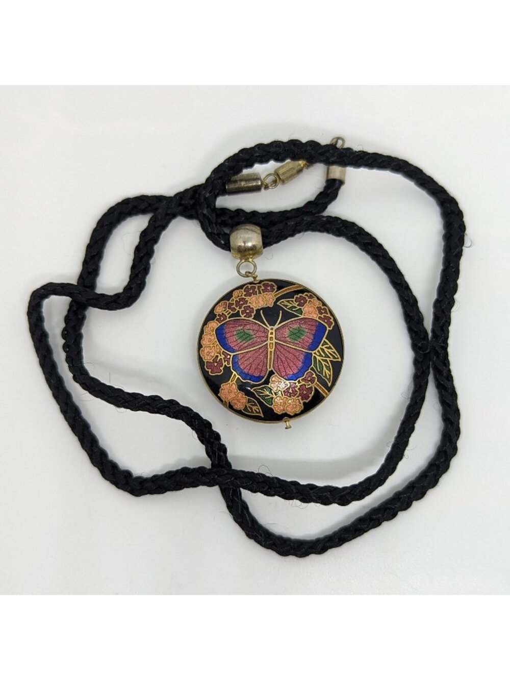 Vtg Cloisonné Butterfly Pendant Necklace Black Braided Cord Gold-Tone Floral 1.5